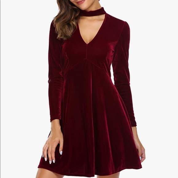 Long Sleeve Choker Velvet Dress-Red - Picture 3 of 8
